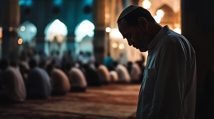 Muslim man praying in a mosque during a religious service. Spiritual devotion and faith. Islamic worship and Ramadan concept.