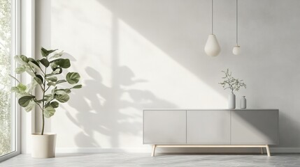 Minimalist living room, sunlight, plants, sideboard, calm interior