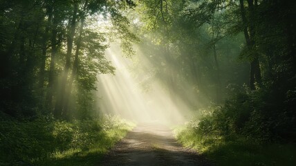Obraz premium A misty path winds through a dense forest, sunlight piercing the fog, creating an enchanting atmosphere.