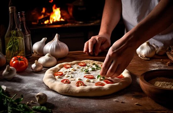 Hands preparing a pizza just before putting it in the stone oven
