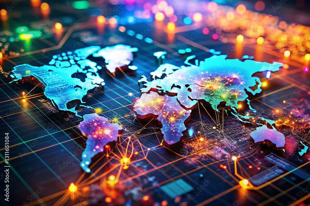 Poster tilt-shift abstract global network: digital world map, data transfer & connectivity