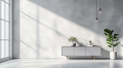 Minimalist living room, sunlight, plants, sideboard, interior design mockup
