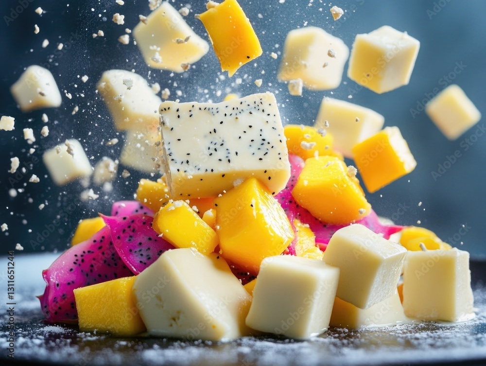 Poster a colorful fruit salad with a pomegranate and a slice of cheese. the cheese is cut into cubes and sc