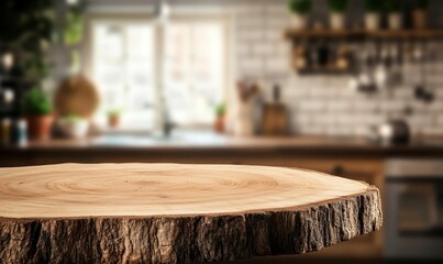 Rustic Wooden Tabletop in a Bright Kitchen for Product Display
