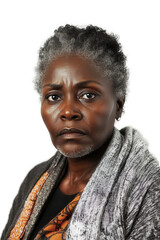 Fototapeta premium Senior woman with gray hair and serious expression, isolated on white background, showing resilience and strength, aging gracefully, diverse emotions.