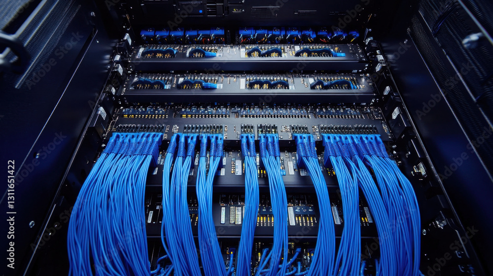 Poster the main cabinet is open, displaying neatly organized blue cables connecting various network devices