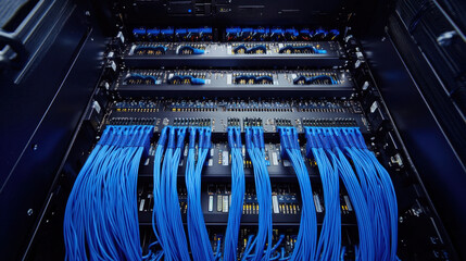 The main cabinet is open, displaying neatly organized blue cables connecting various network devices, indicating an active setup