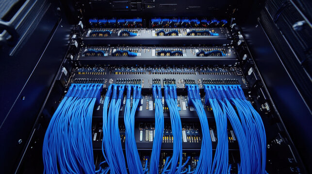 The main cabinet is open, displaying neatly organized blue cables connecting various network devices, indicating an active setup