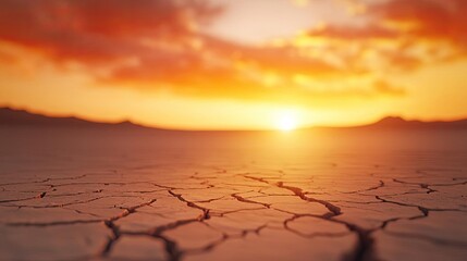 Climate Change drought concept. Stunning sunset over a cracked earth landscape showcasing nature's resilience.