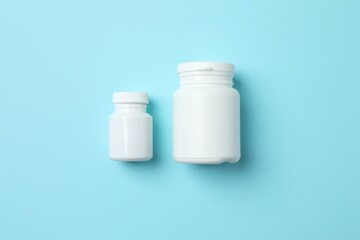 White bottles on blue background, top view