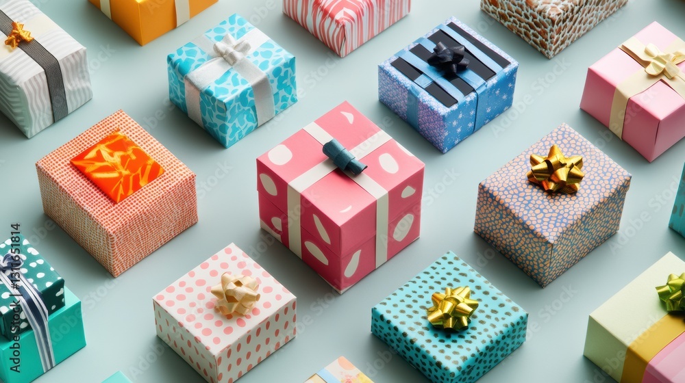 Poster colorful gift boxes in various sizes and patterns arranged creatively for festive occasions and cele
