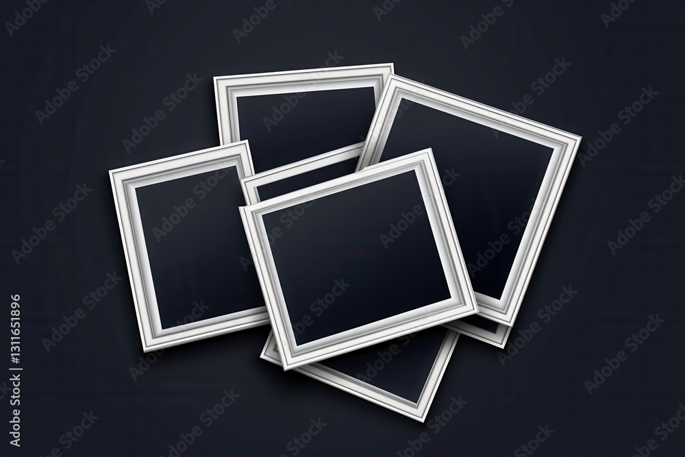 Poster collection of empty picture frames stacked on a dark background illustrating creative potential for 