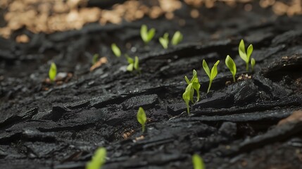 Green Seedlings Sprouting from Charred Forest Ground
