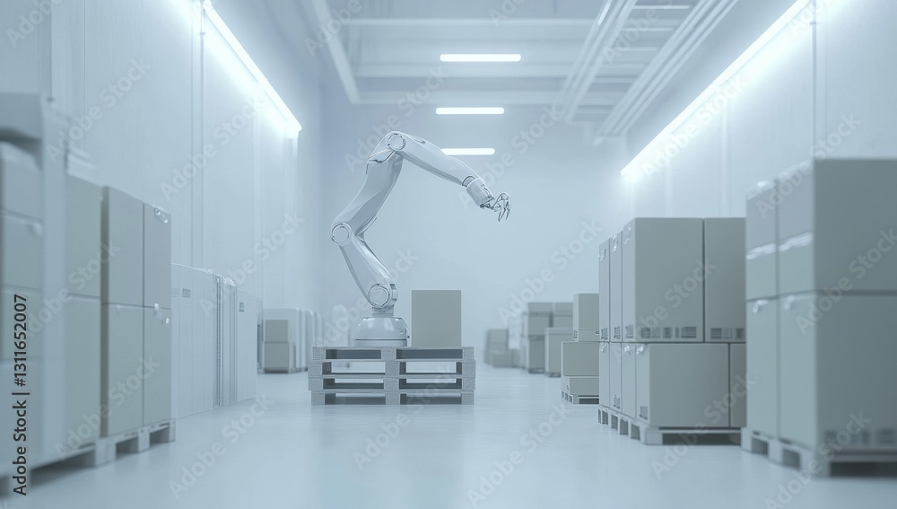 Poster robotic arm is lifting and unloading boxes from pallets in a clean, modern warehouse space with brig