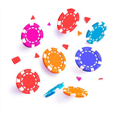 Colorful casino chips scattered on white background, creating vibrant and dynamic scene