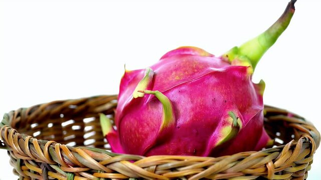Close-up of a vibrant pink dragon fruit in a rustic wicker basket against a bright white background. The fruit's texture and color are sharply defined, highlighting its exotic appeal and making it ide