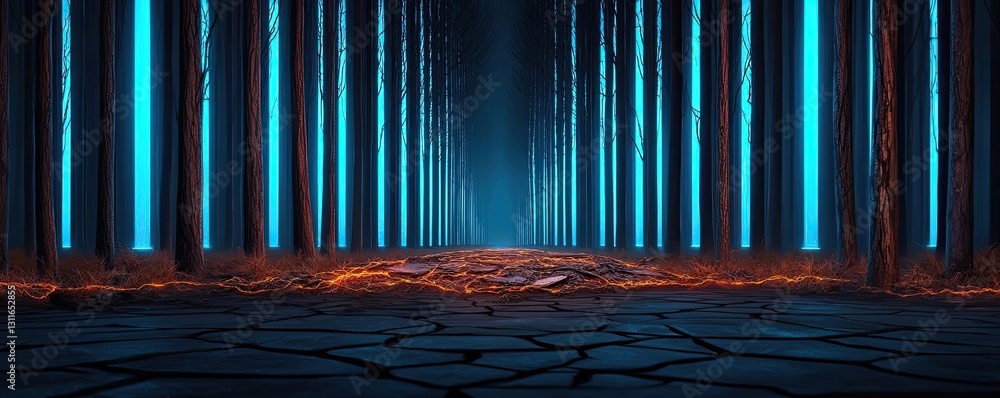 Poster climate change drought idea. a mystical forest with glowing trees and a fiery ground, creating an ot
