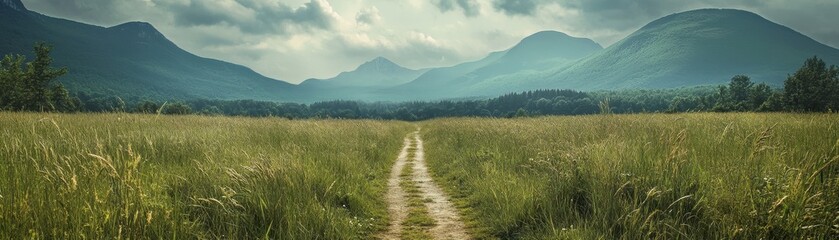 Fototapeta premium Serene path winding through lush grass, guiding the way towards majestic mountains under a clear blue sky.