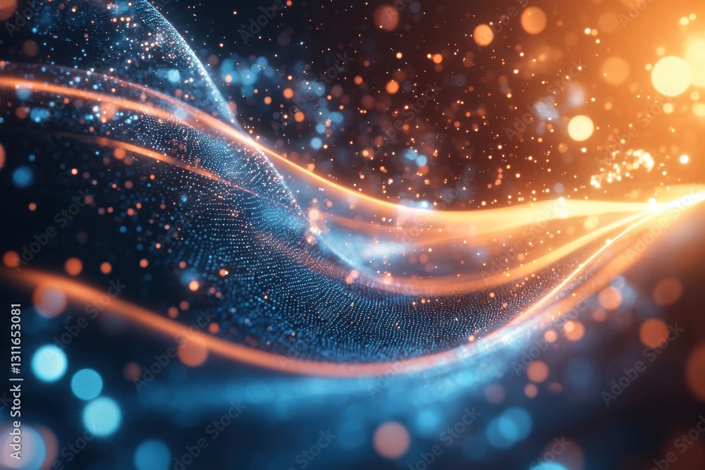 Aufkleber Glowing waves of orange and blue lights create a mesmerizing abstract visual in a digital space