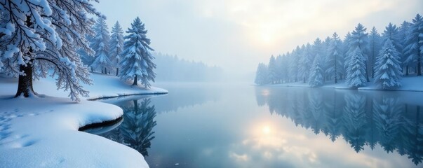 Snowflakes gently falling on a frozen lake in winter landscape with surrounding snow-covered trees, snow, calm