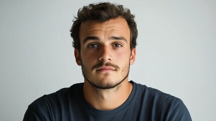 Obraz premium Young man portrait neutral expression serious face AI generated