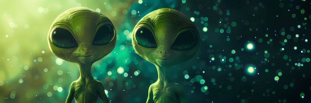 Two cute green aliens on a blurry background. Banner with space for text