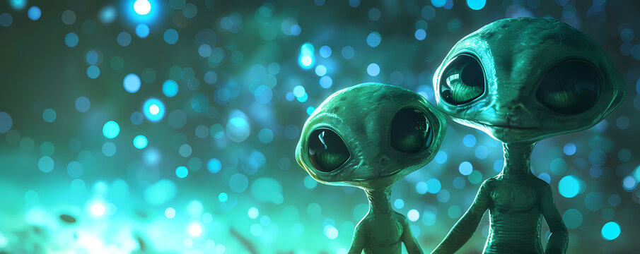 Two aliens on a blurred green background