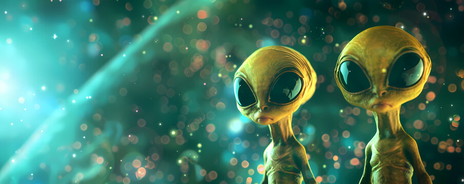 Two cute green aliens on a blurry background