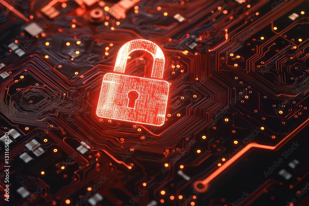 Poster technology security symbolized through a lock integrated into a circuit design.