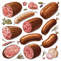 Hand-Drawn Illustration of Cured Meats and Sausages