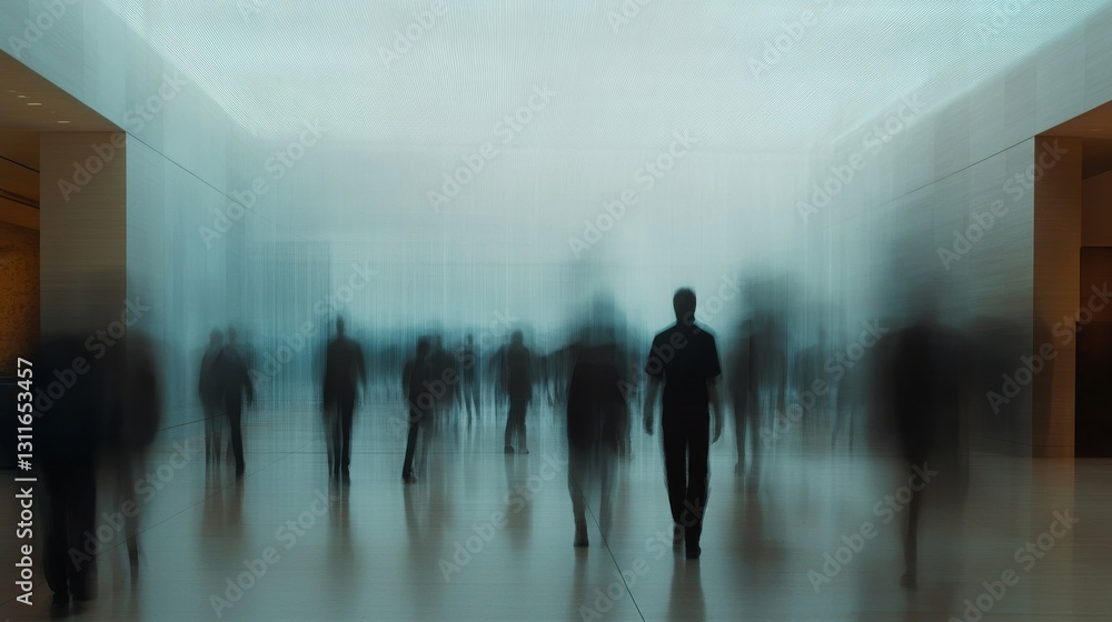 Poster people moving in a modern, minimalist space with visually blurred surroundings during a busy time