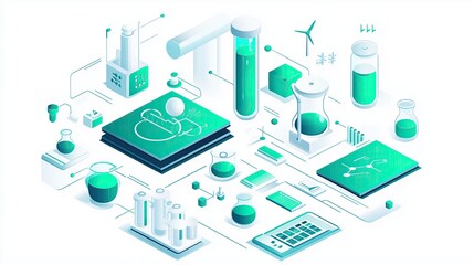 Minimalist vector art infographic showing green ammonia cycle, flat design, isometric elements, modern tech illustration style