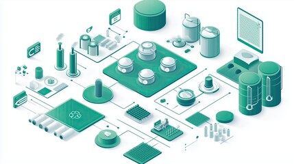 Minimalist vector art infographic showing green ammonia cycle, flat design, isometric elements, modern tech illustration style