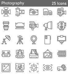Photography includes outline vector icons illustrating cameras, imaging tools, photo equipment, and creative visuals. Editable stroke vector illustration.