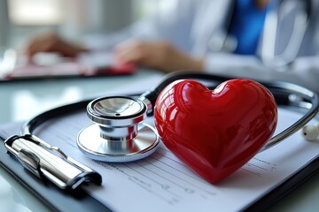 Medical tools arranged on a desk with a red heart symbolizing health care and wellness