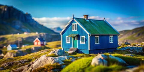 Tilt-Shift Photography: Metallic Blue Building Reflecting Greenland Nature, Qaqortoq