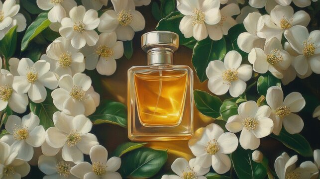 A meticulously painted glass bottle cradles a golden-brown elixir with a gleaming gloss, set against an intricate backdrop of subtle reflections