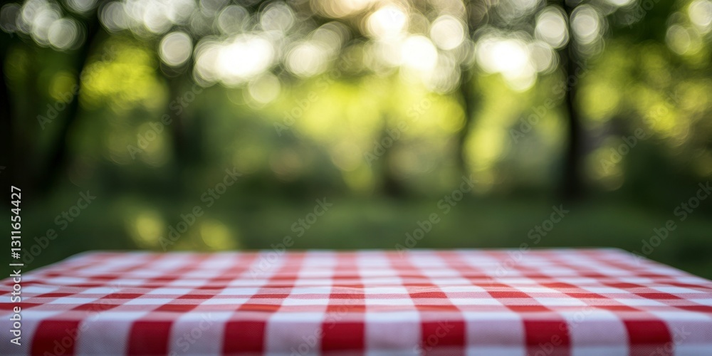 Poster picnic table with red and white checkered cloth in forest setting