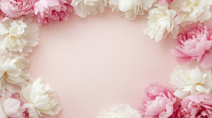 A white and pink peony border banner on the light pink background, mother's day concept, copy space in the middle