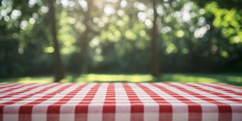Red and White Checkered Tablecloth with Green Blurry Background for Picnic