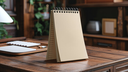 Desk Calendar on Wooden Table with Keyboard and Office Items