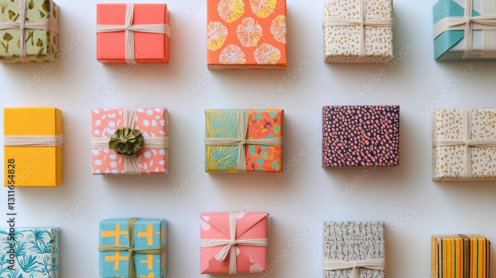 Aufkleber colorful array of small gift boxes arranged creatively showcasing diverse patterns and sizes for var