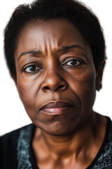 Obraz premium Woman with serious expression facing the camera on isolated white background. Portrait of mature adult with natural beauty and strong personality.