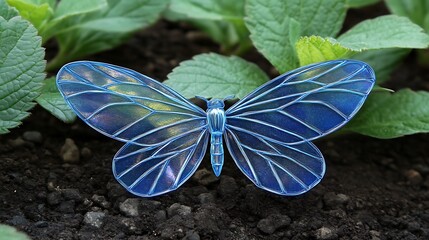 Jewel butterfly resting on earth among leafy plants. Symbol of hope and transformation