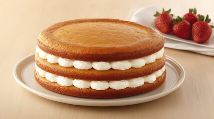 Layer cake with cream filling, strawberries nearby on a napkin. Dessert menu use