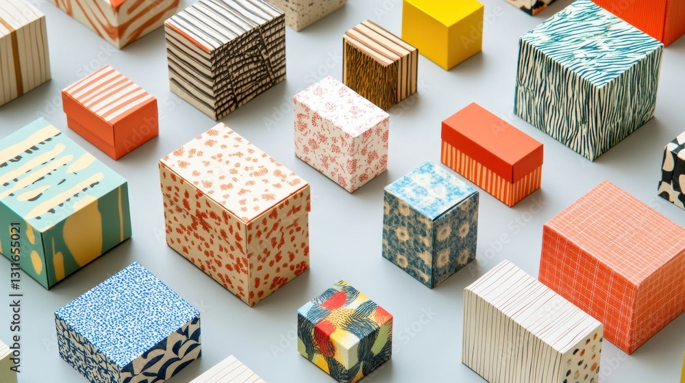 Poster colorful array of small gift boxes in creative layout showcasing diverse designs and patterns