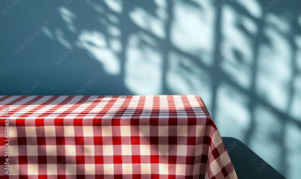Poster empty table with red checkered tablecloth and shadow overlay on wall