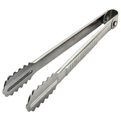 Stainless steel tongs with serrated edges, ideal for gripping and serving food items.