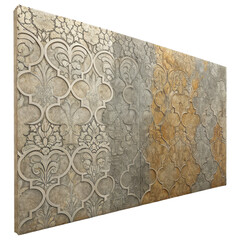 A textured wall art piece featuring intricate patterns in shades of gray and gold.