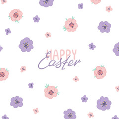 Cute square poster with spring flowers on white background. Holiday design for covers, posters, banners, greeting cards with lettering Happy Easter. Vector illustration